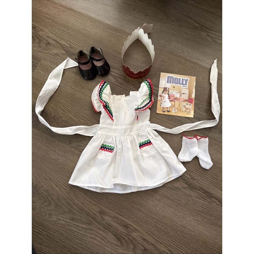American Girl Molly Birthday Party Pinafore Dress with Crown, Socks COMPLETE!